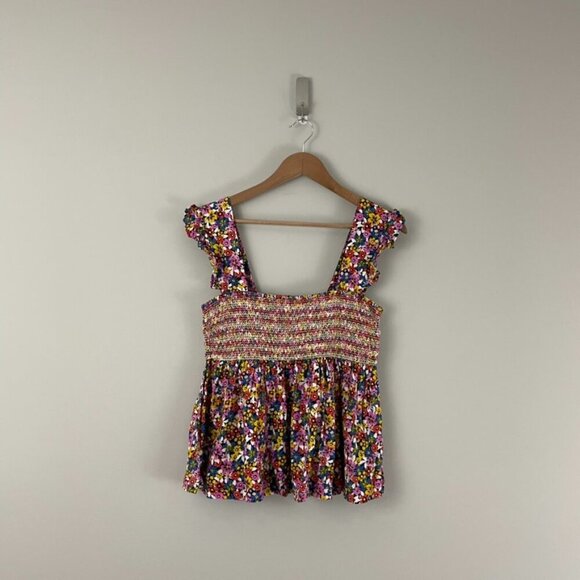 Urban Outfitters Charlotte Smocked Floral Babydoll Top Size Large - Picture 1 of 5